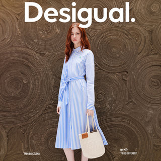 Desigual24春夏新品直筒条纹拼接系带翻领衬衫裙连衣裙