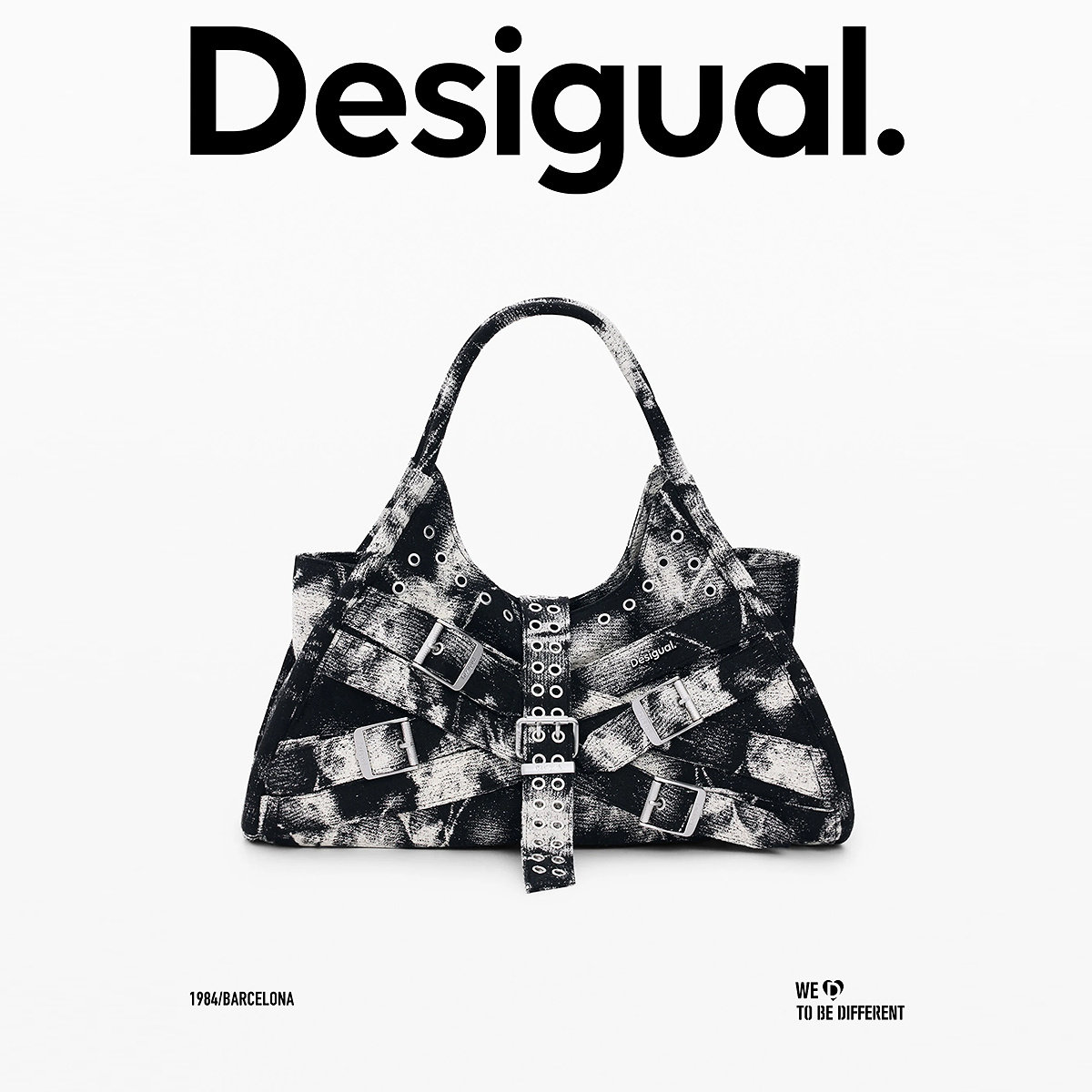 Desigual26春夏新品黑白泼墨印花带金属装饰大号单肩斜挎手提包