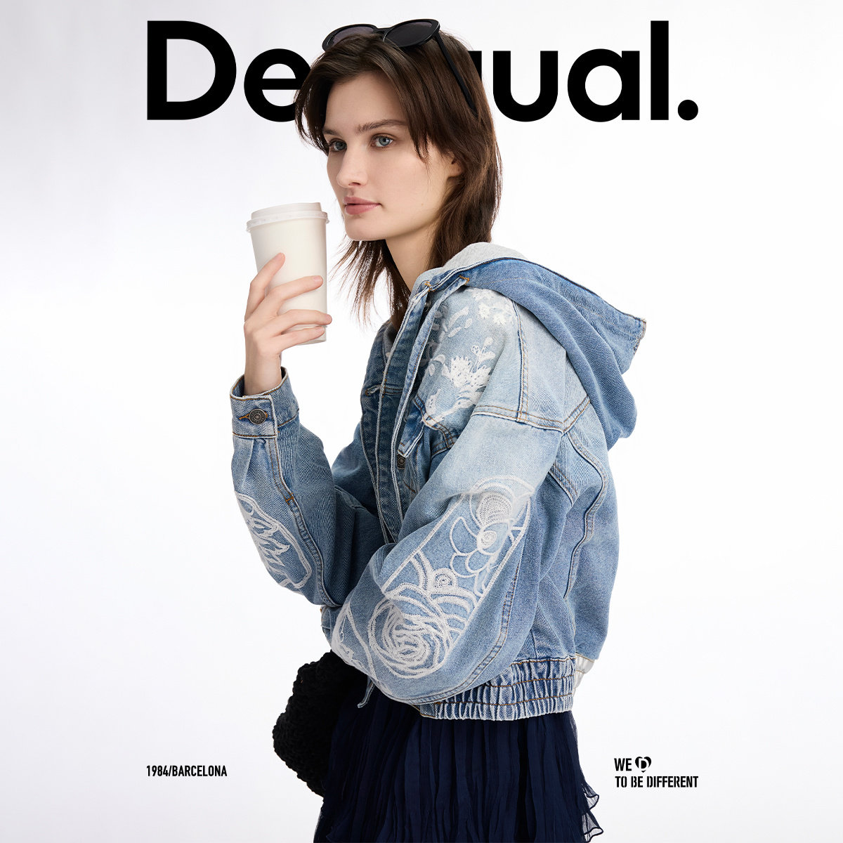 Desigual【博主同款】廓形花卉刺绣连帽牛仔女士外套