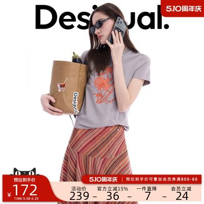 Desigual26春夏新品撞色蕾丝贴布绣花圆领短袖女式T恤