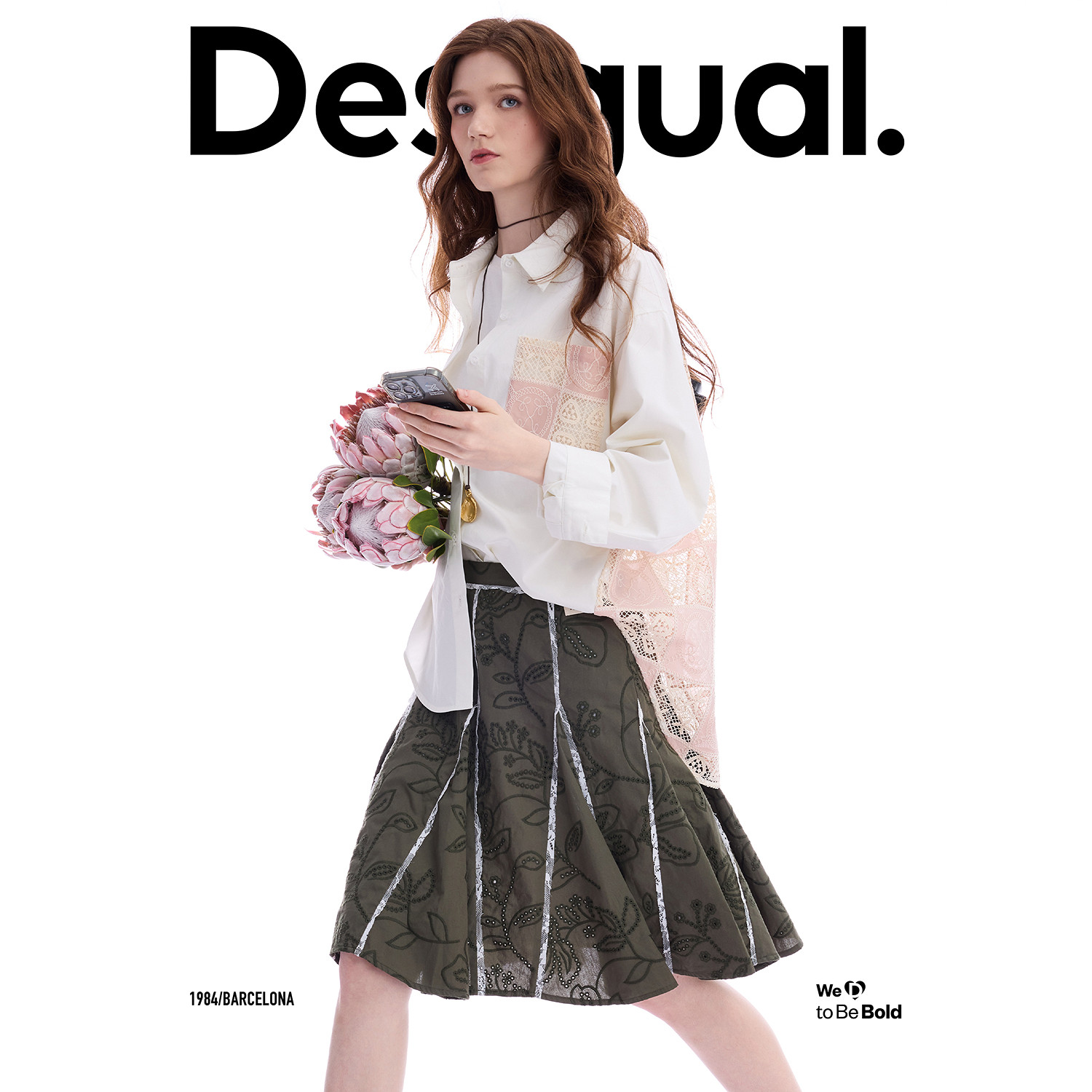 Desigual26【博主同款】春夏新品廓形粉色钩针镂空拼接女式衬衫