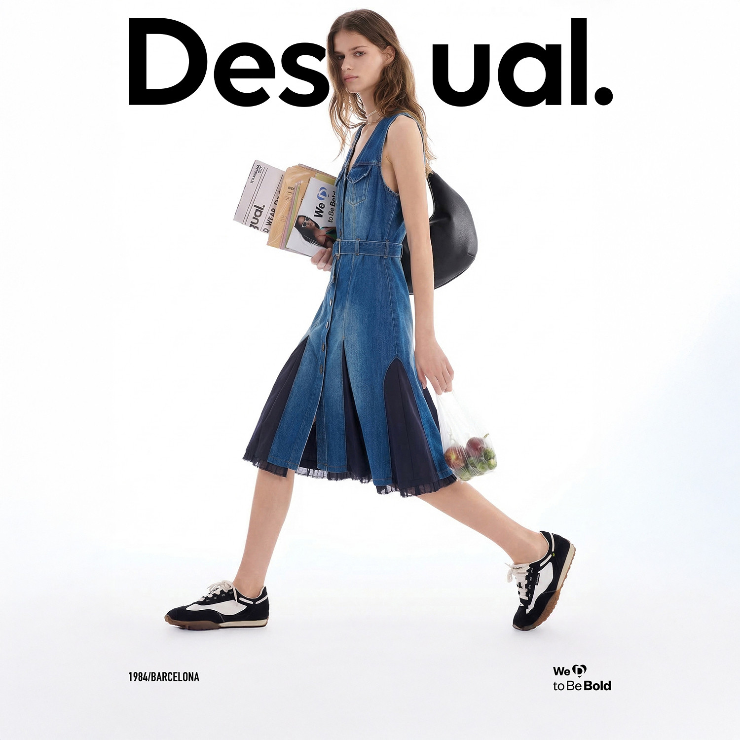 Desigual26春夏新品修身牛仔拼接v领无袖女式连衣裙