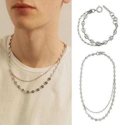 justine铜镀银色猪鼻子双层链条长项链女金属风项链手链首饰套装