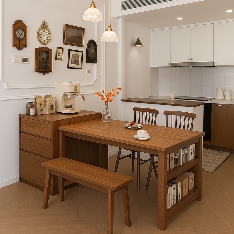 实木餐桌一桌四椅组合家用小户型出租房用大板桌边柜一体储物饭桌
