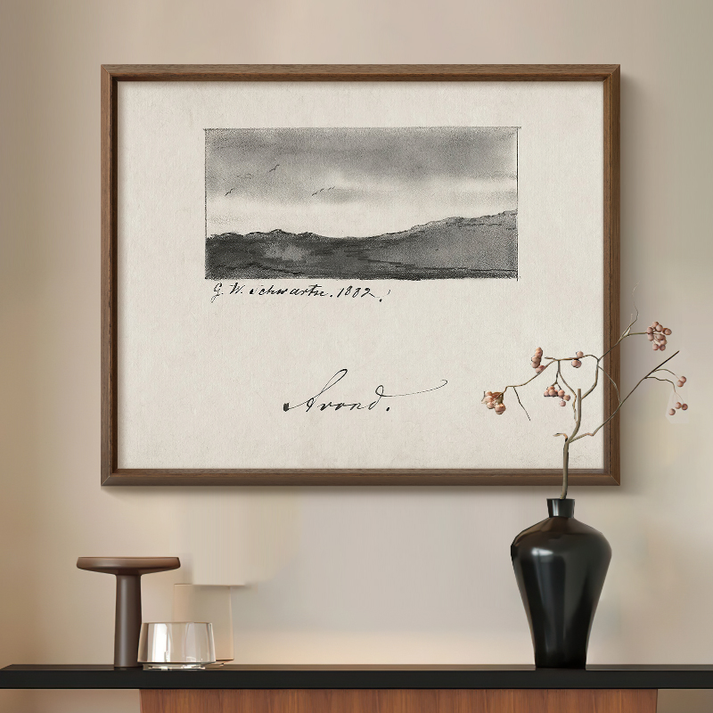 素描远山》法式复古黑白风景装饰画客餐厅中古风美式玄关艺术挂画图片