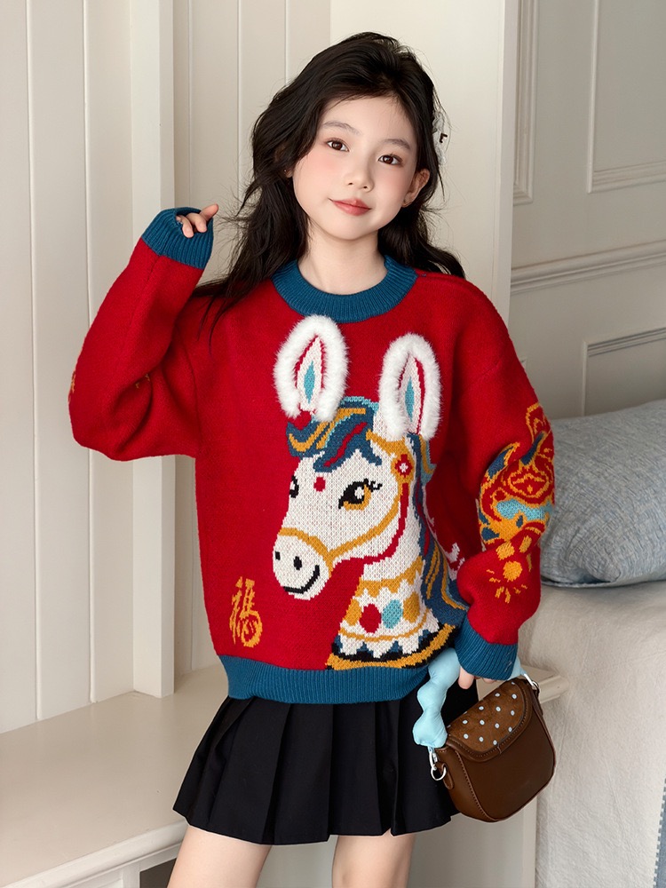 马年拜年服女童加厚毛衣秋冬季2025新款男女宝宝红色喜庆过年衣服