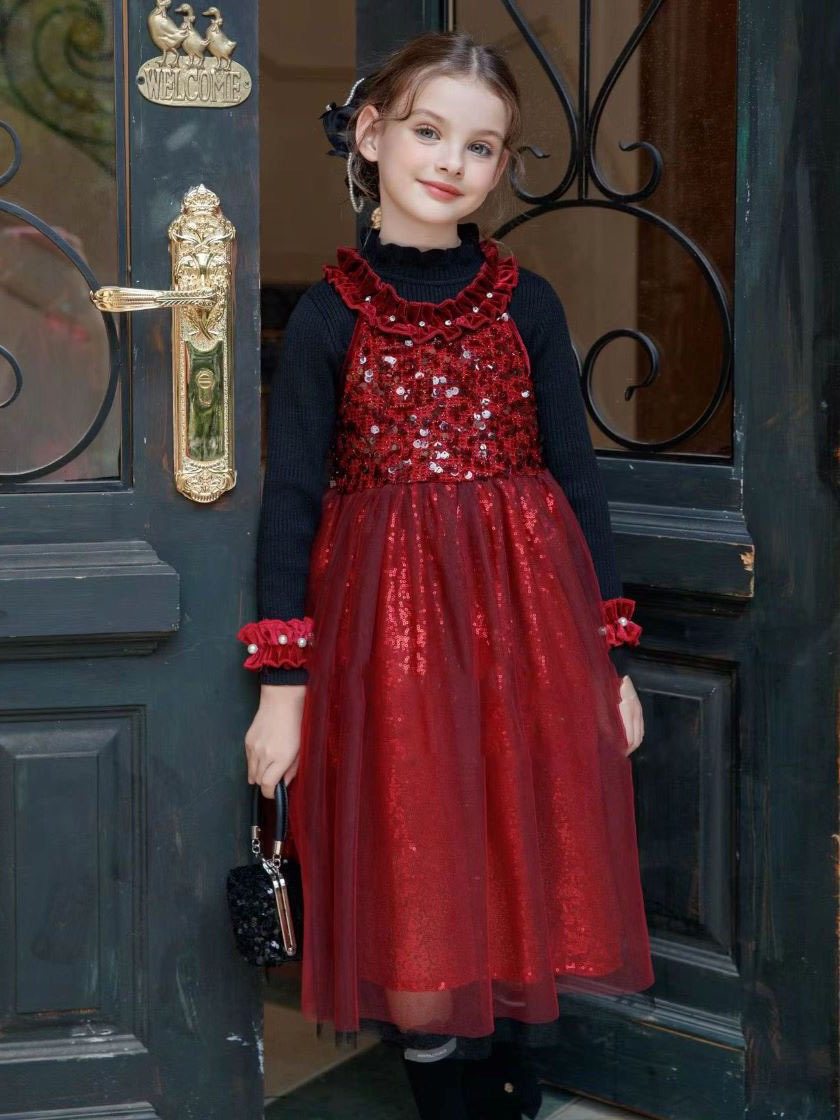 女童2025秋冬新款亮片高端公主连衣裙洋气生日礼服小女孩过年裙子