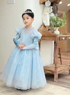 女童秋冬款蓝色冰雪奇缘艾莎公主裙儿童蓬蓬生日礼服裙女孩连衣裙