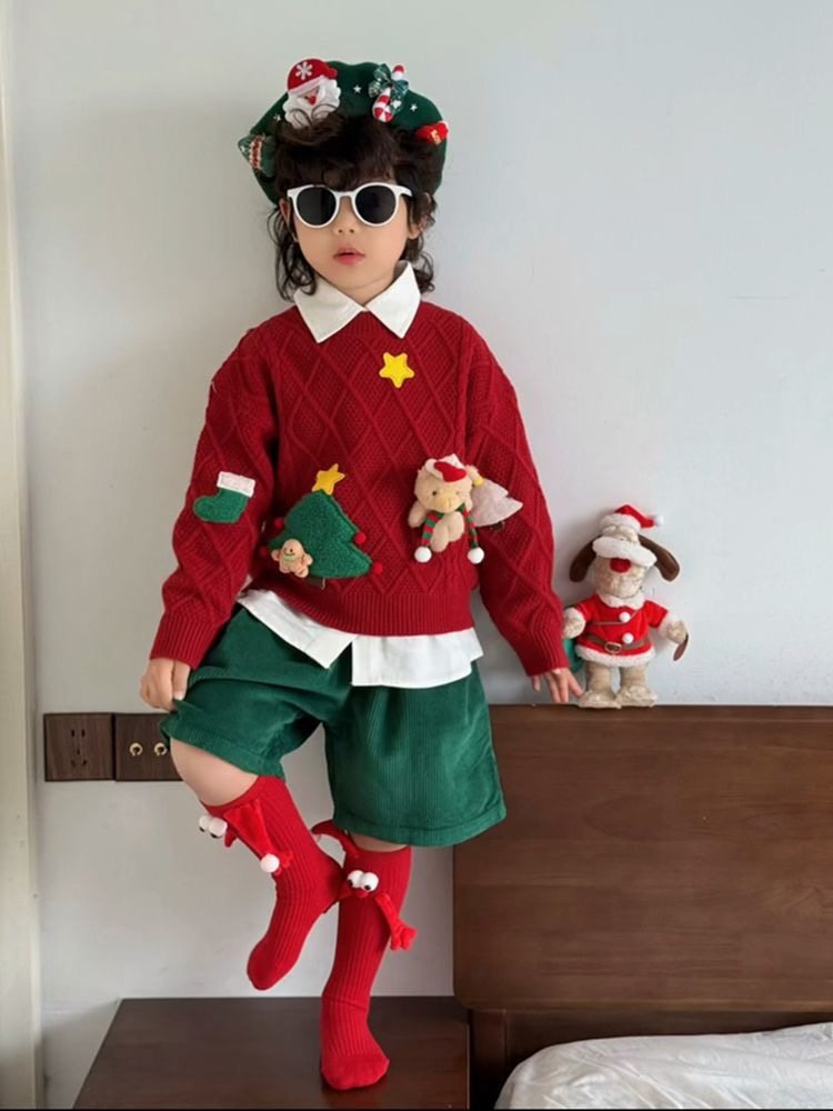 儿童圣诞节毛衣2025秋冬季新款加厚男女童套头宝宝洋气针织冬装潮