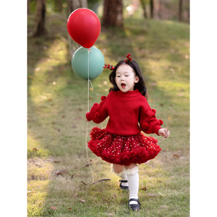 女童圣诞节搭配酒红tutu裙上衣毛球球套头毛衣凸凸裙过年新年套装