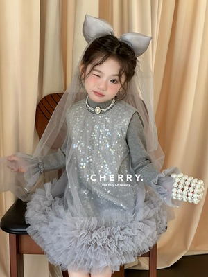 女童连衣裙秋冬新款洋气亮片网纱tutu蓬蓬裙公主背心裙子生日礼服