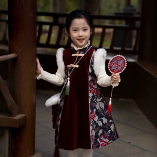 女童旗袍2025秋冬新款儿童中国风复古盘扣马甲连衣裙女宝宝拜年服