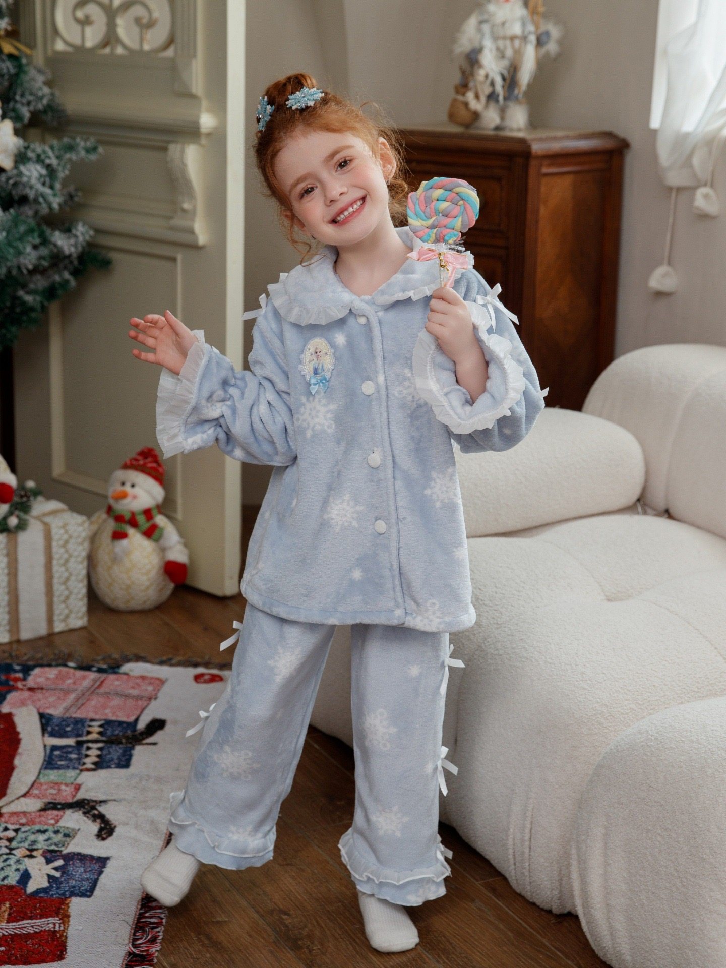 女童冬季艾莎法兰绒家居服套装睡袍保暖睡衣冰雪奇缘爱莎睡衣套装