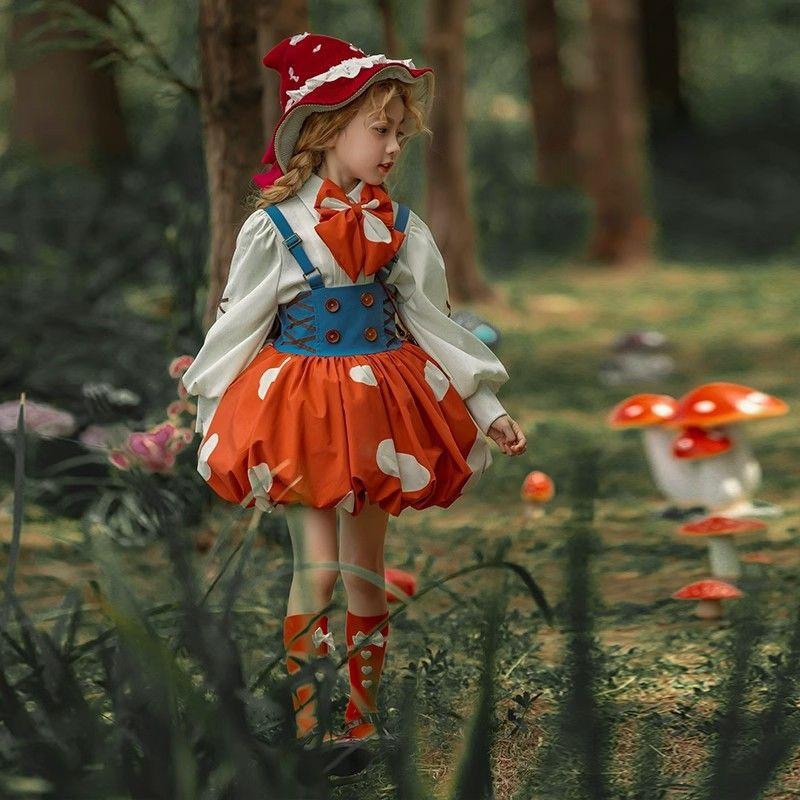 原创蘑菇花苞裙女童洛丽塔公主裙圣诞节儿童cos小红帽服连衣裙冬
