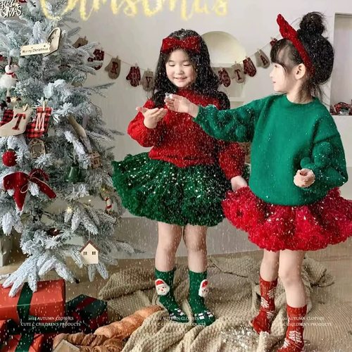 女童秋冬款毛衣裙儿童圣诞节穿搭服装连衣裙红色过新年战袍拜年服