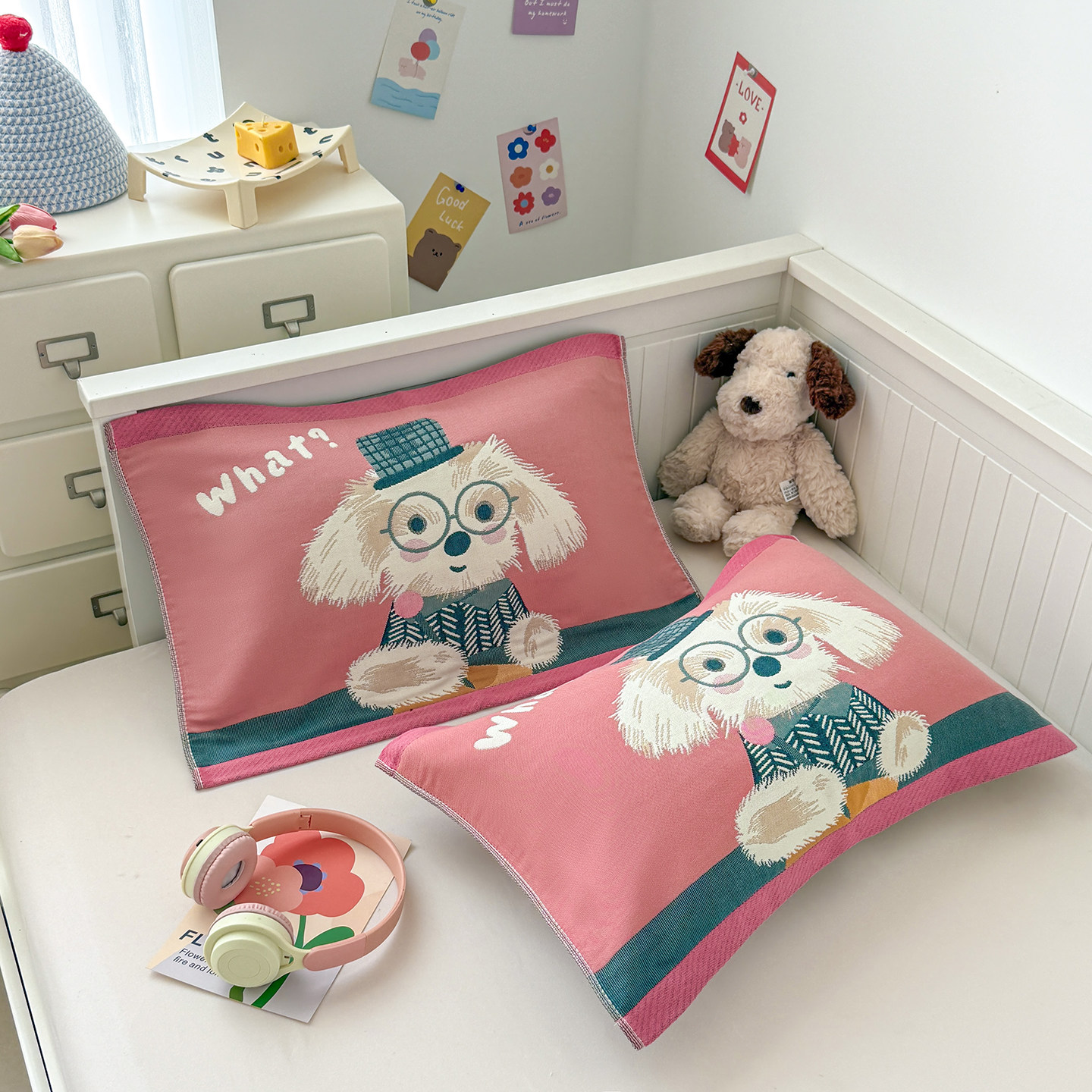 A类婴儿童纯棉枕巾一对装全棉纱布幼儿园枕头巾防滑透气吸汗毛巾