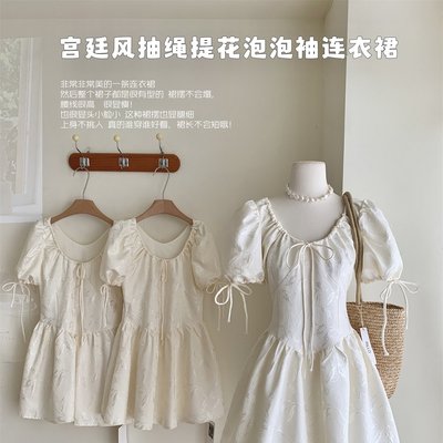 女装2024春夏复古宫廷风提花连衣裙女设计感气质系带短裙
