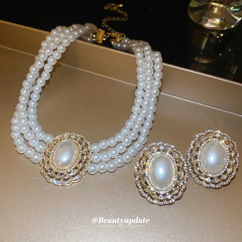 法式人造珍珠款多层镶钻耳钉项链套装轻奢风锁骨链复古宫廷风饰品