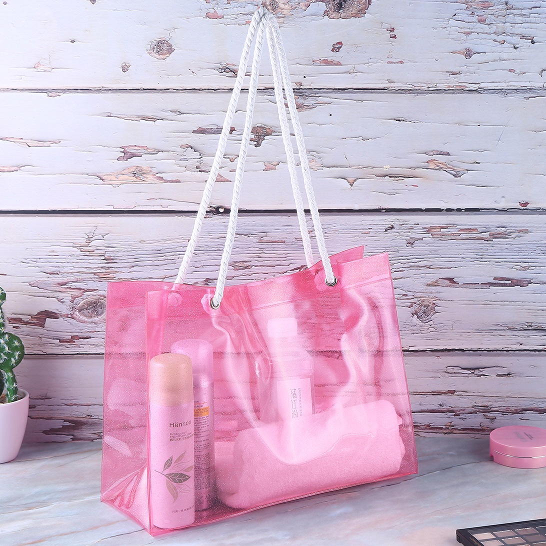 现货红色沙滩袋PVC防水透明收纳水晶日用品袋女式游泳包肩包