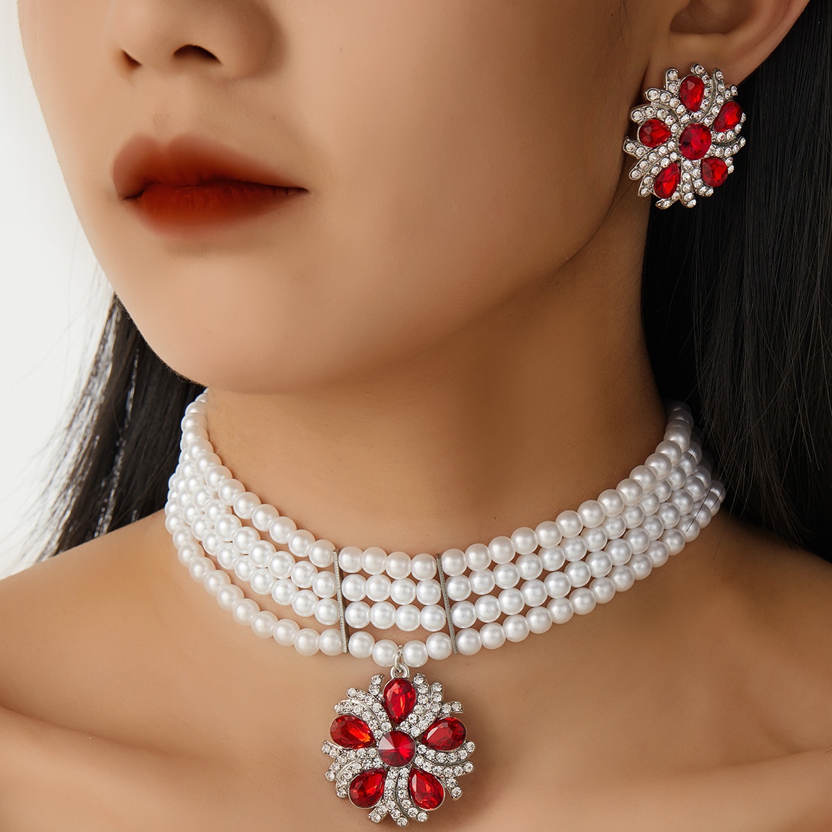 欧美跨境多层珍珠镶钻雪花套装首饰 法式中古宫廷风时尚气质项链