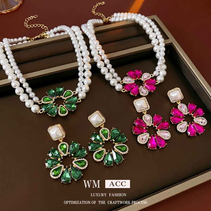 银针镶钻花朵珍珠耳环项链时尚百搭多层锁骨链轻奢高级感首饰套装