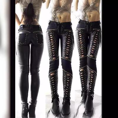 Rock imitation leather pencil shorts with straps and