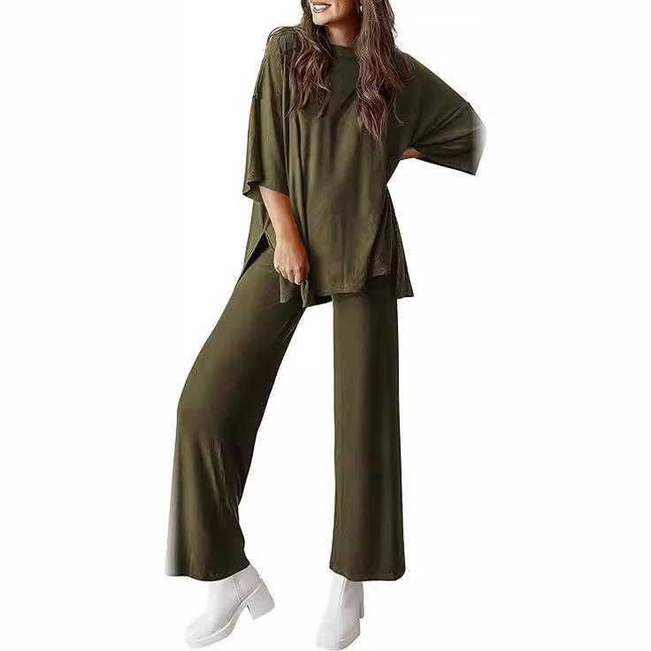 Women's short sleeved pullover top, wide leg pants set,