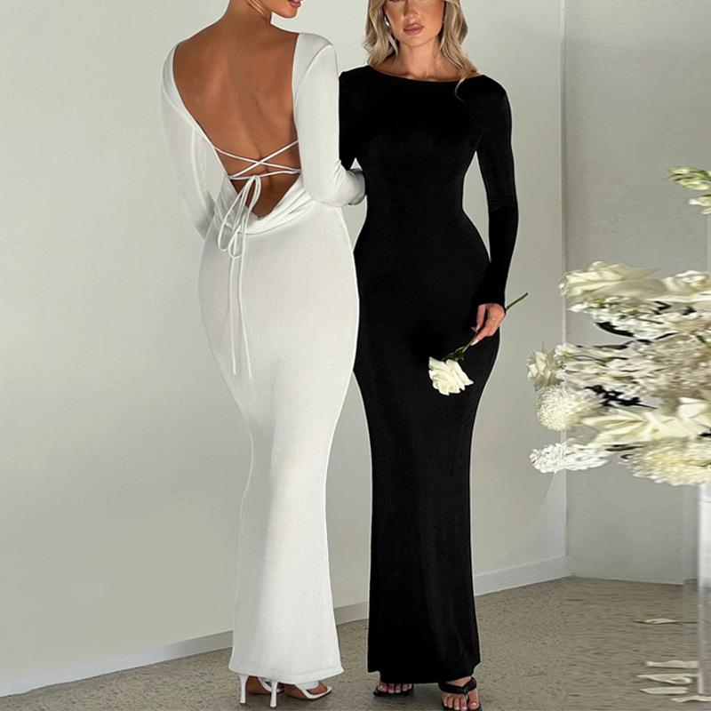 Black and white formal dress, long skirt, backless long slee