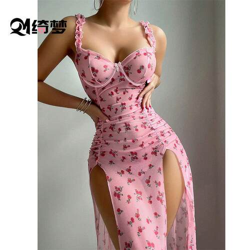 Floral camisole skirt, mesh skirt, high slit lingerie for