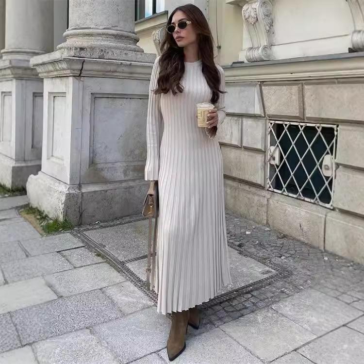 Long sleeved tight knit long skirt, woolen dress, pit