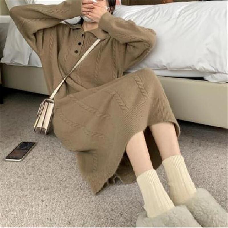 Long lapel knit dress Fried Dough Twists sweater bottoming