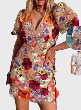 Three dimensional flower wrapped lantern sleeve dress