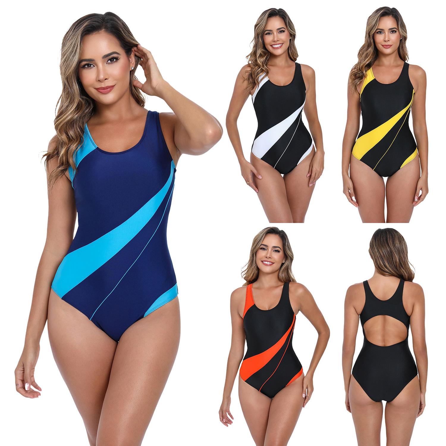 Athletic swimsuit diagonal stripe color blocking