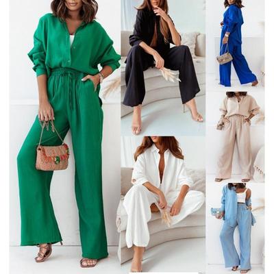 Elastic wrinkled long sleeved shirt wide leg pants set for