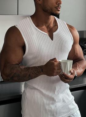 Knitted vertical stripe fitness vest men's I-neck wide