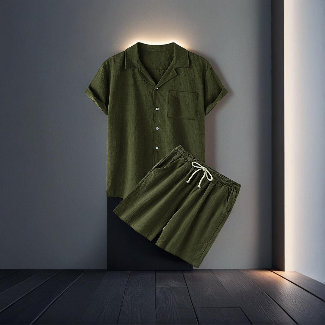Men's cotton summer collar short sleeved shirt shorts set