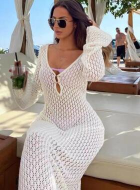 Women's beach dress, swimsuit cover, white dress, hollowed
