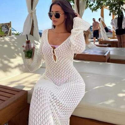 Women's beach dress, swimsuit cover, white dress, hollowed
