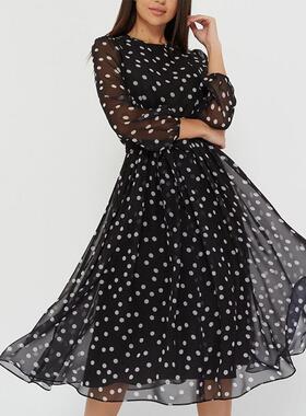 Dress long sleeved coffee black polka dot dress