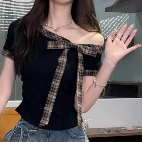 Splicing striped strap short sleeved t-shirt for women,