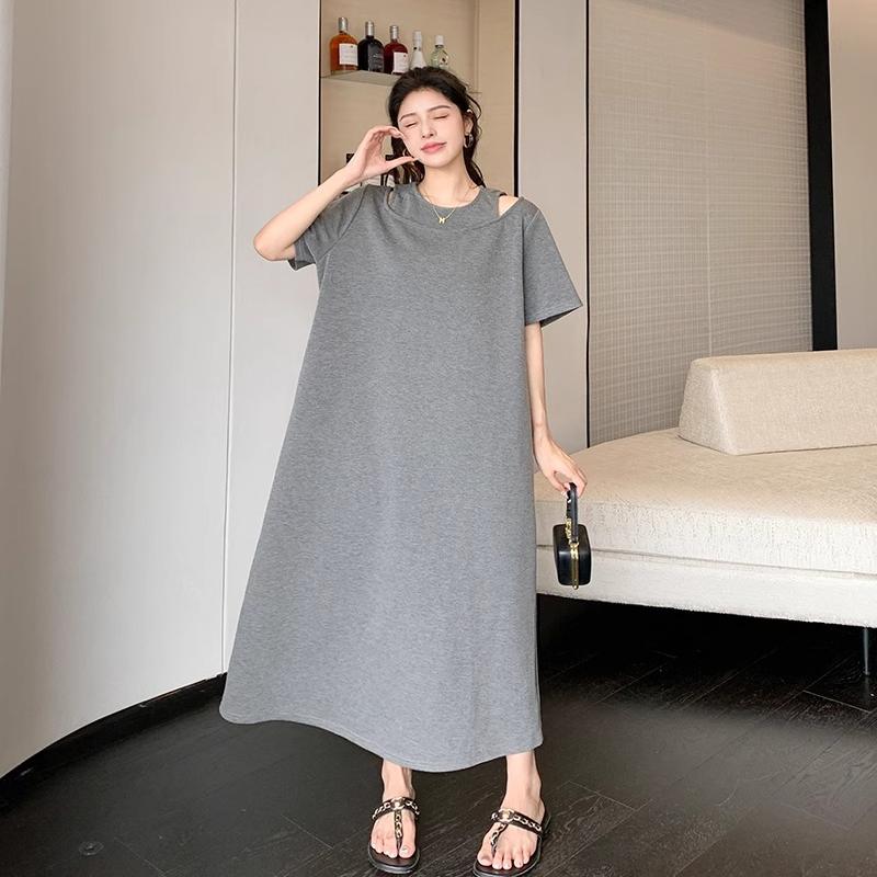 純棉假兩件短袖連衣裙女2024夏季寬松外穿鏤空顯瘦長(zhǎng)款過(guò)膝T恤裙
