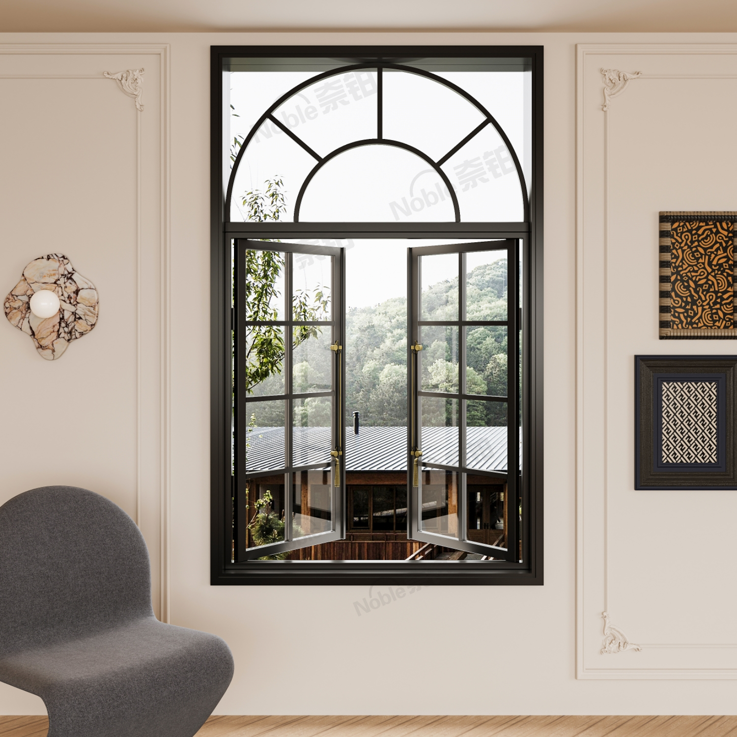 断桥铝合金复古窗格子窗拱形窗