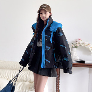 连帽短款羽绒服女时尚洋气拼接撞色外套高级感超好看小个子面包服