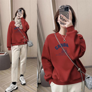 红色圆领卫衣女士2025秋冬新款美式字母印花休闲外套宽松套头上衣