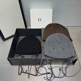 小众美式潮牌流苏绳子新款加厚针织帽百搭冷帽保暖护耳套头毛线帽