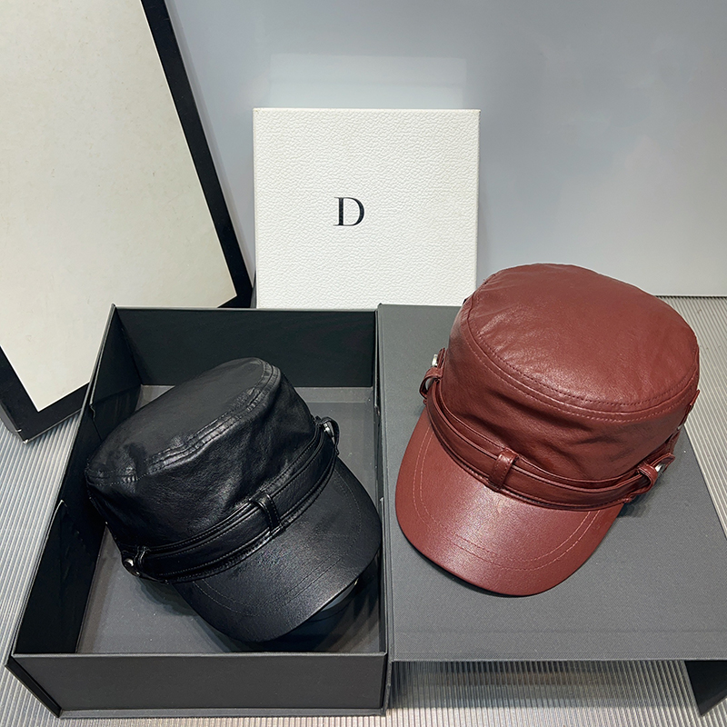 秋冬新款pu皮平顶帽女百搭复古鸭舌帽时髦皮革马术帽显脸小骑士帽
