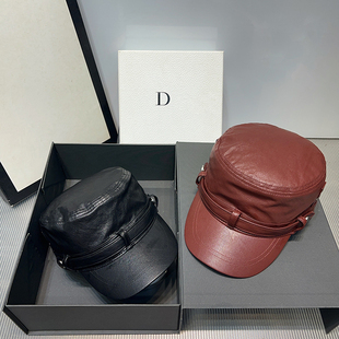 秋冬新款pu皮平顶帽女百搭复古鸭舌帽时髦皮革马术帽显脸小骑士帽