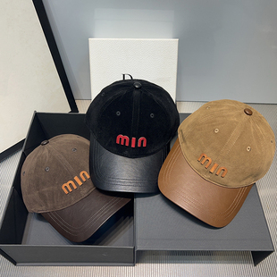 秋冬复古羊绒男女棒球帽百搭保暖加厚大头围拼接皮帽檐时髦鸭舌帽