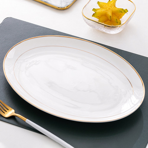 蒸鱼鱼盘盘子骨瓷家用陶瓷金边