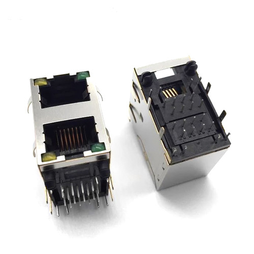 HC-RJ45-059C-2*1-1 RJ45网口插座 双层 屏蔽 带灯 带弹片 1x2